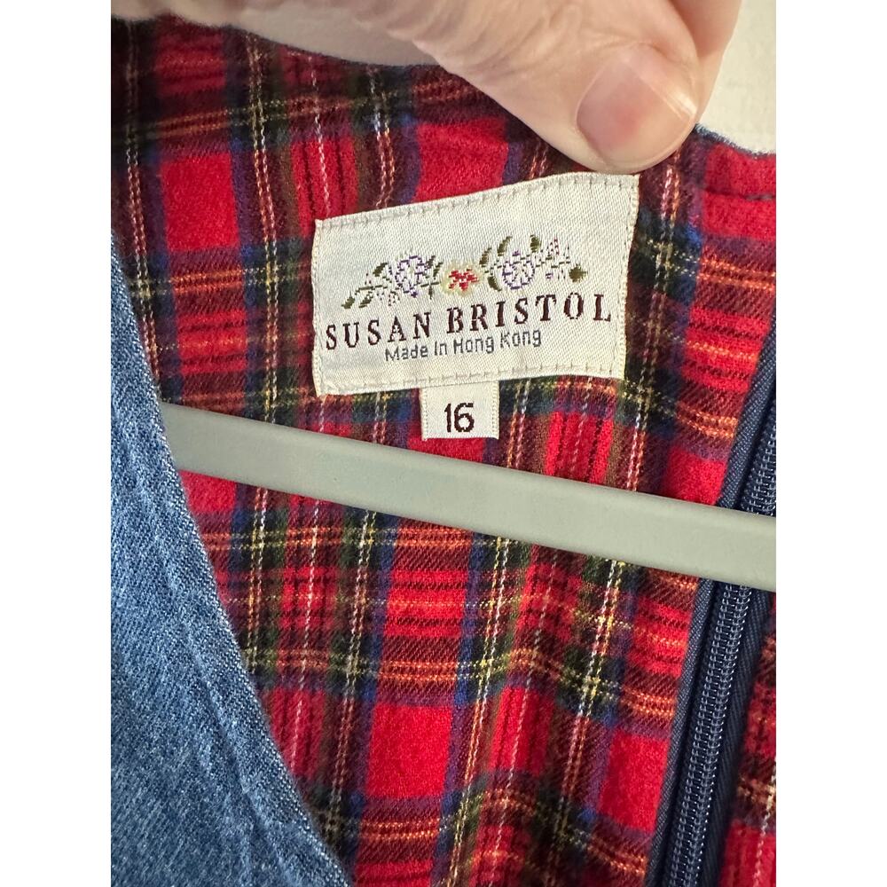 Vintage Susan Bristol Denim Christmas Dress Patchwork Plaid Holiday Pockets - 16 - Picture 3 of 5